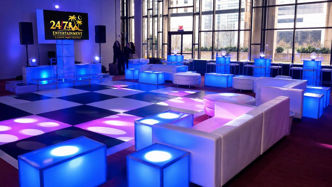 VIP lounge setup with LED furniture